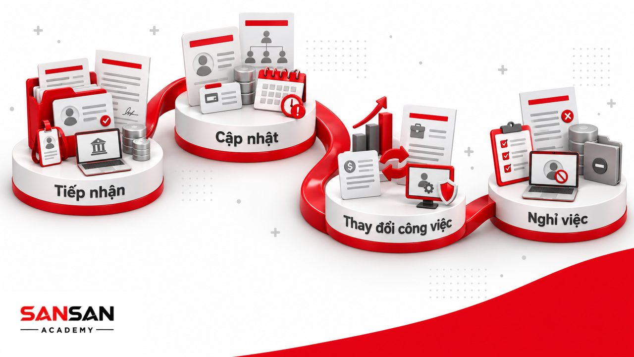 Quản lý hồ sơ nhân sự theo vòng đời từ tiếp nhận, cập nhật thông tin, thay đổi vị trí lương đến chấm dứt quan hệ lao động.
