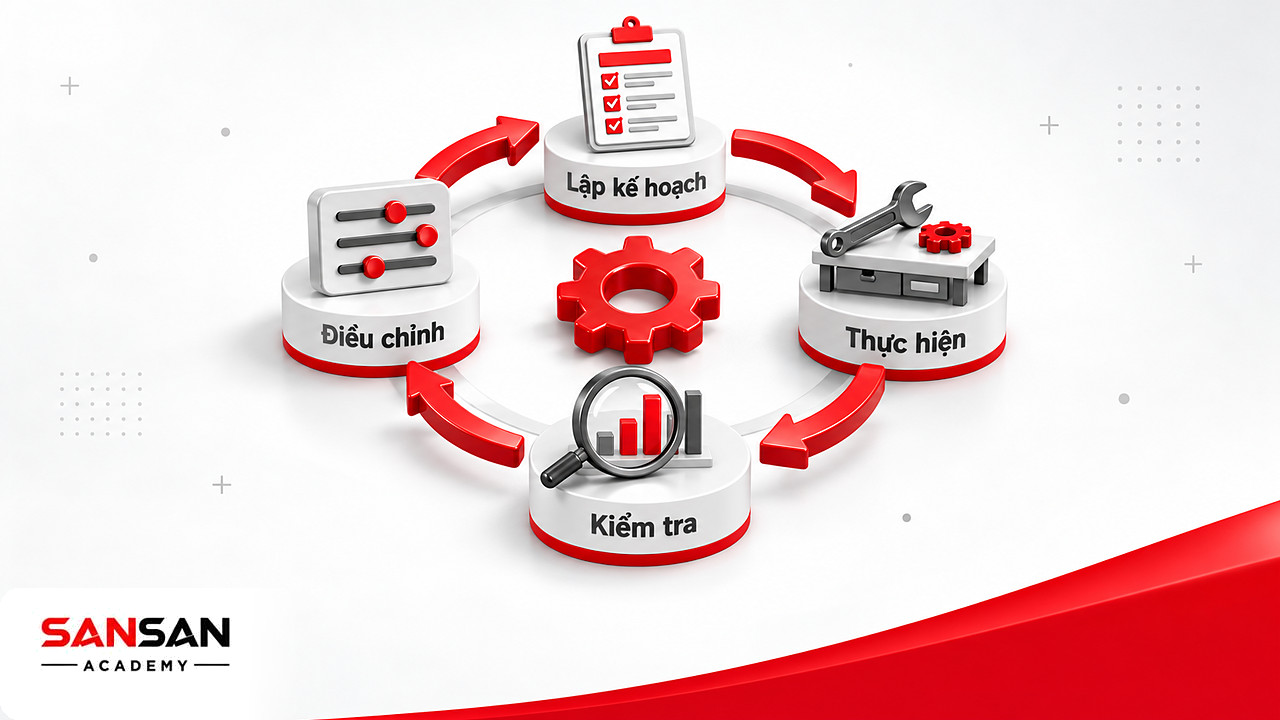 Vòng PDCA của quy trình Kaizen gồm lập kế hoạch, thực hiện, kiểm tra và điều chỉnh nối bằng mũi tên đỏ