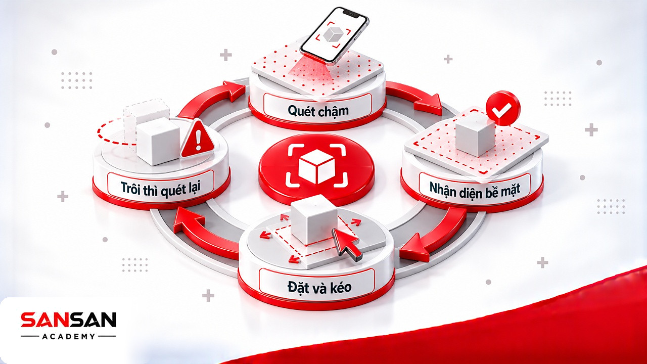 Vòng quét chậm, nhận diện bề mặt, đặt mô hình và quét lại khi bị trôi lúc dùng AR trên điện thoại