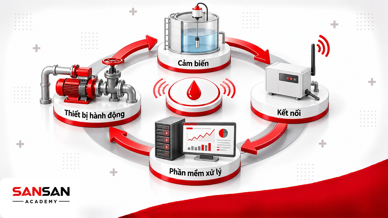 Vòng tròn bốn khâu của hệ thống IoT từ cảm biến, kết nối, phần mềm xử lý đến thiết bị hành động