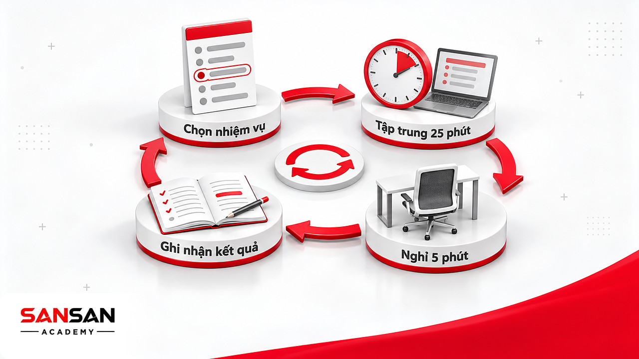 Vòng tròn các bước Pomodoro: chọn nhiệm vụ, tập trung 25 phút, nghỉ 5 phút và ghi nhận kết quả