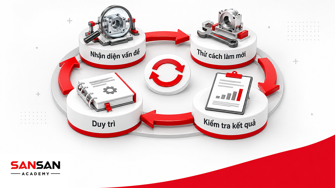 Vòng tròn cải tiến liên tục gồm nhận diện, thử, kiểm tra và duy trì trong Lean Manufacturing