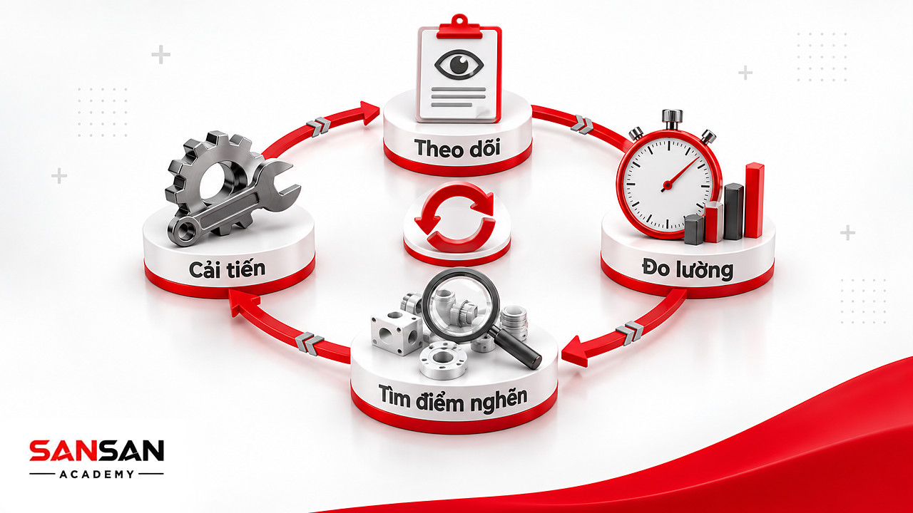 Vòng tròn theo dõi, đo lường, tìm điểm nghẽn và cải tiến lặp lại sau khi ban hành quy trình sản xuất