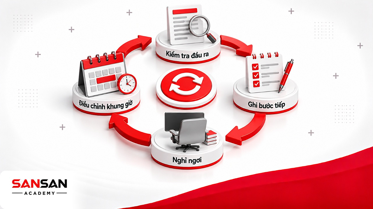 Vòng tròn kiểm tra đầu ra, ghi bước tiếp, nghỉ và điều chỉnh khung giờ sau phiên Deep Work