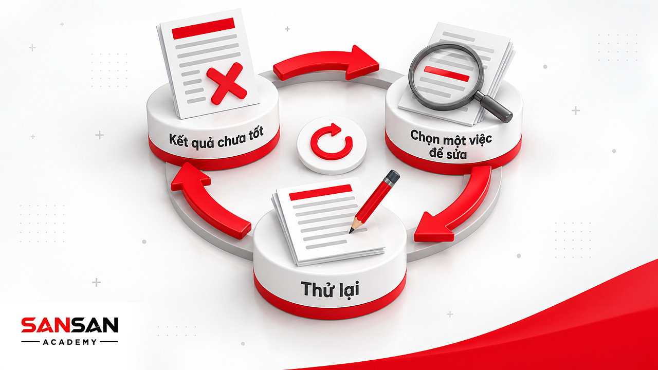 Vòng tròn từ kết quả chưa tốt, chọn một việc để sửa tới thử lại theo Growth Mindset