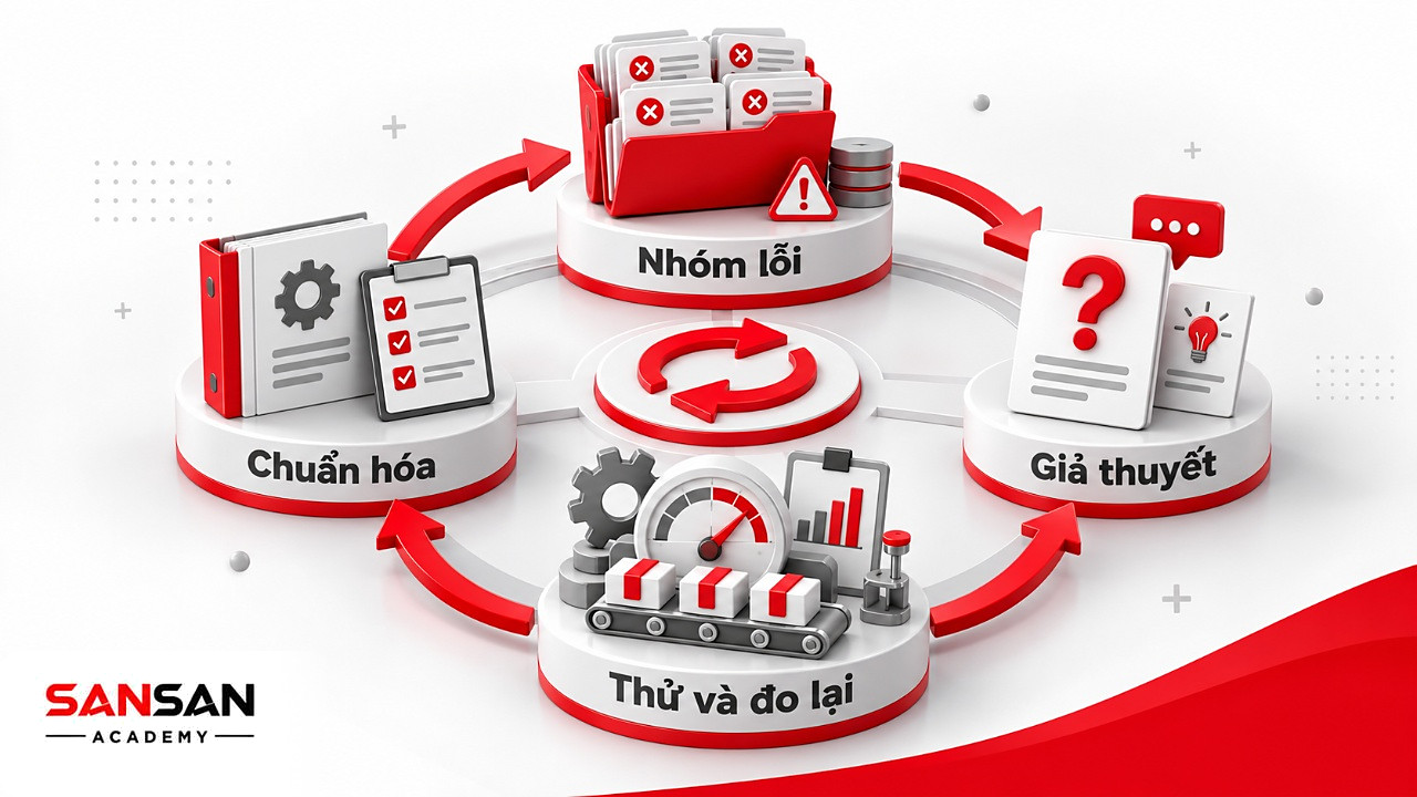 Vòng xử lý lỗi logistics: gom nhóm lỗi, đặt giả thuyết, thử và đo lại rồi chuẩn hóa hướng dẫn thao tác