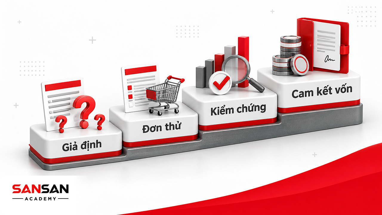 Bậc thang từ giả định, đơn hàng thử, kết quả kiểm chứng đến cam kết nguồn lực trong môi trường VUCA