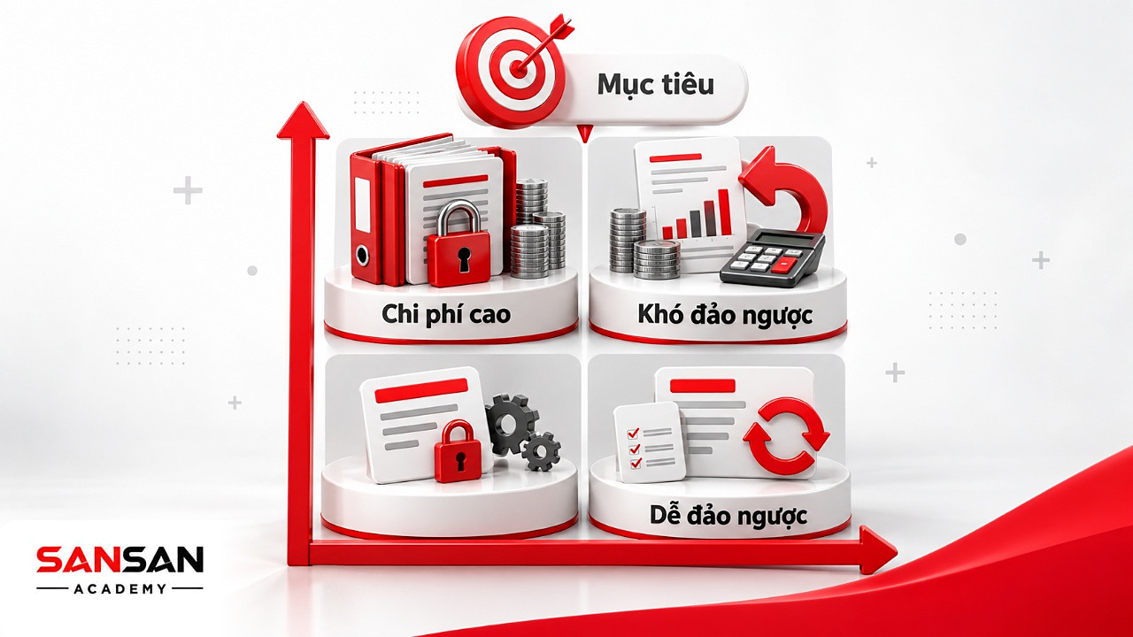 Ma trận 2×2 xếp phương án theo chi phí và khả năng đảo ngược sau khi nhận diện vấn đề VUCA