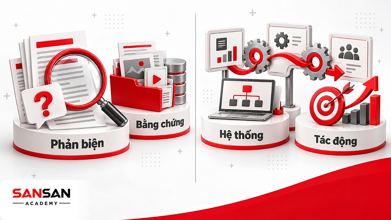 Kính lúp soi bằng chứng và nguồn tin bên trái, chuỗi bánh răng nối các bộ phận bên phải, hai kiểu tư duy thời VUCA