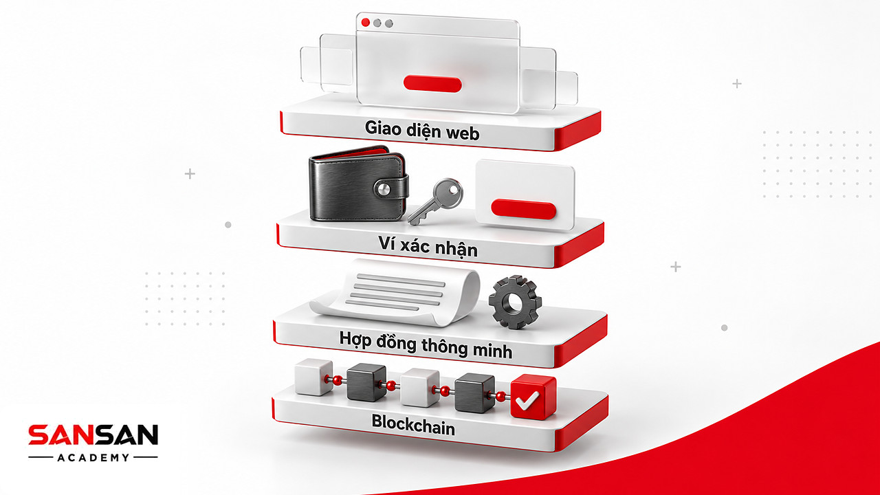 Các lớp của một ứng dụng Web 3.0: giao diện web, ví, hợp đồng thông minh và blockchain
