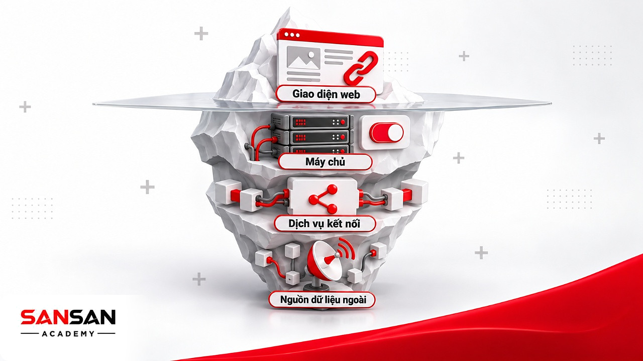 Tảng băng ứng dụng Web 3.0: giao diện nổi trên mặt, máy chủ và dịch vụ kết nối chìm bên dưới