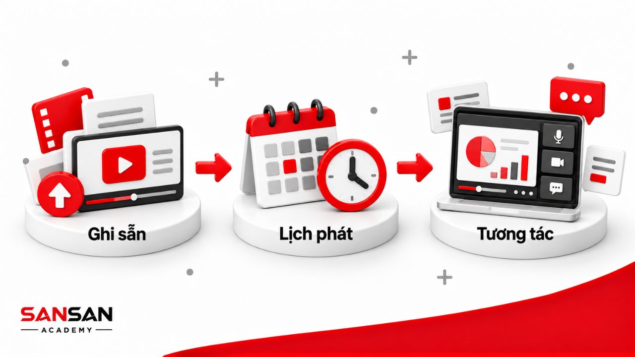 Quy trình phát webinar ghi sẵn theo lịch và hỗ trợ tương tác.