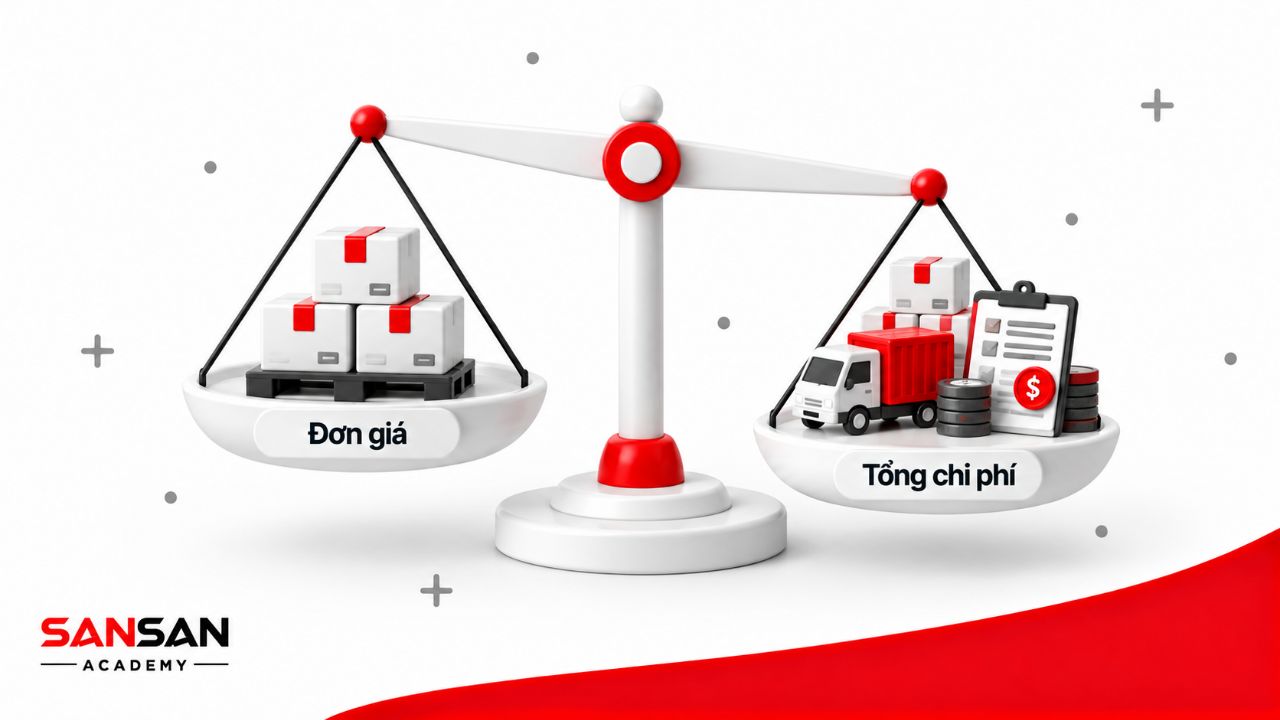 Cán cân so sánh đơn giá bán sỉ với tổng chi phí mua hàng và vận chuyển