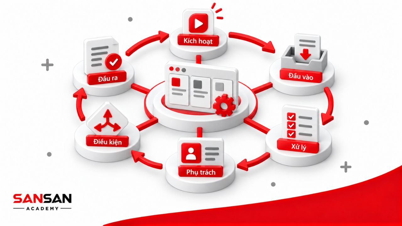 Workflow kết nối kích hoạt, đầu vào, xử lý, điều kiện và đầu ra
