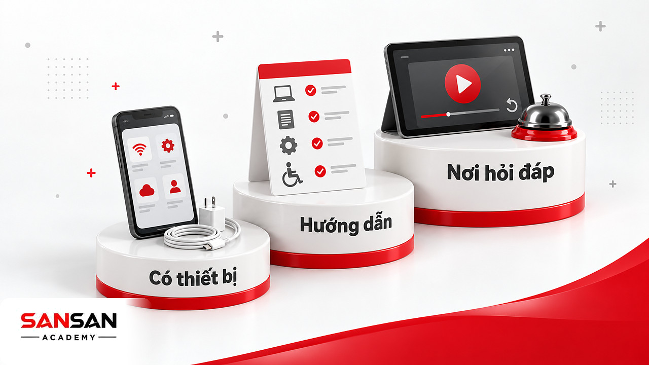 Thu hẹp khoảng cách trong xã hội số: hỗ trợ thiết bị, hướng dẫn dễ hiểu, video xem lại và nơi hỏi khi gặp vấn đề.