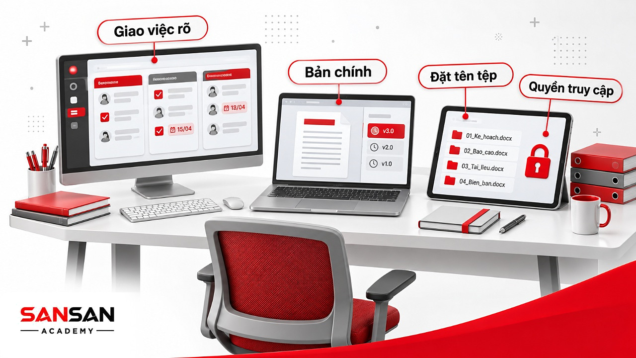 Cộng tác trong xã hội số với bảng nhiệm vụ có thời hạn, tài liệu bản chính, thư mục đặt tên rõ và quyền truy cập.