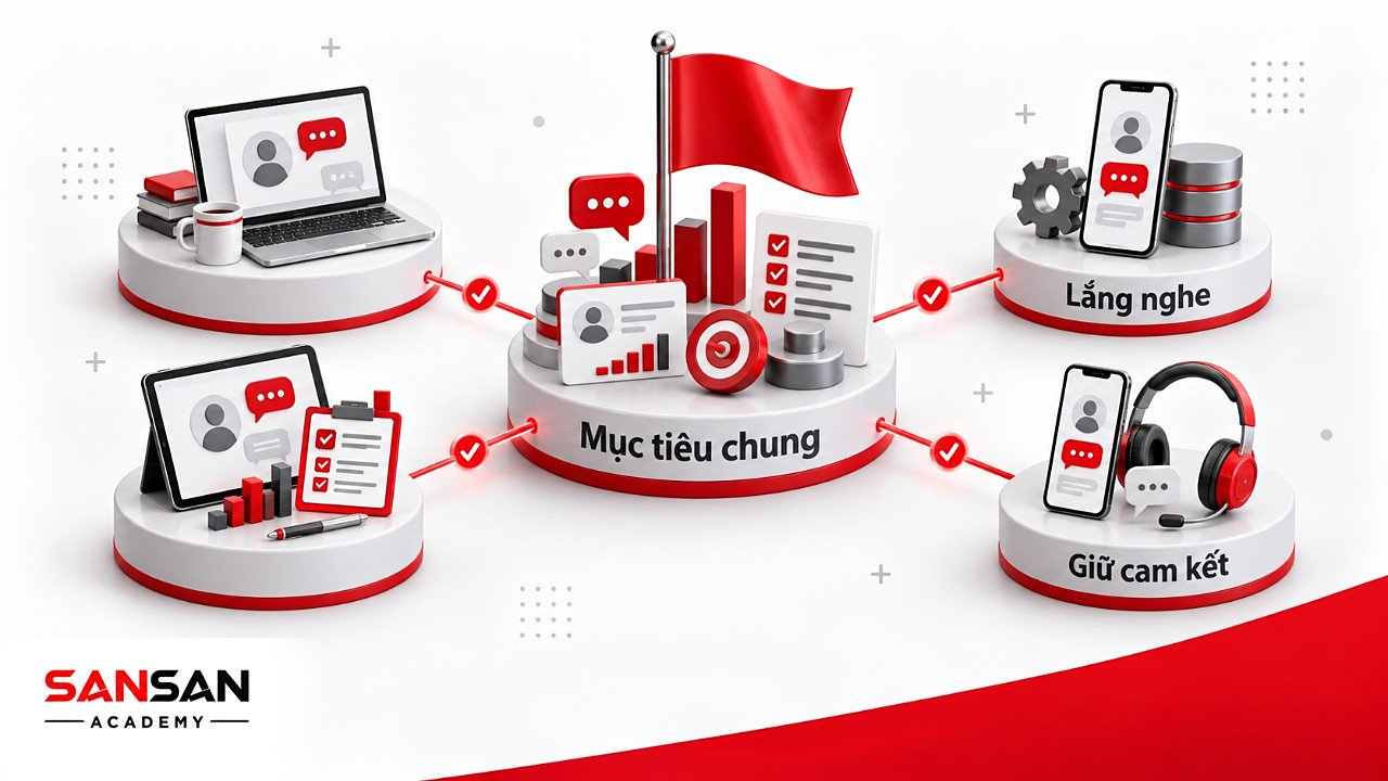 Kết nối trong xã hội số: các thiết bị có biểu tượng hồ sơ nối về mục tiêu chung ở trung tâm.