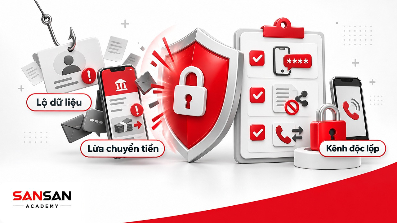 Rủi ro trong xã hội số: khiên chặn lộ dữ liệu cá nhân, yêu cầu chuyển tiền giả và danh sách xác minh qua kênh riêng.