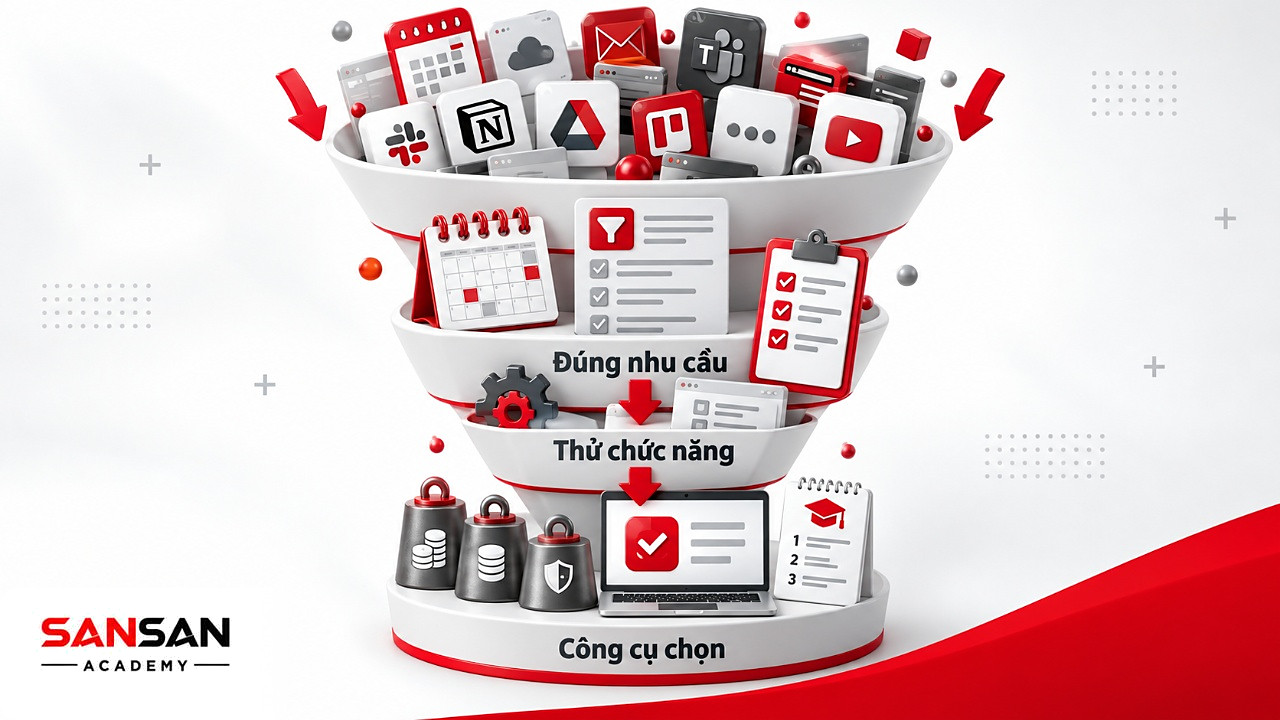 Phễu chọn công cụ trong xã hội số: lọc theo nhu cầu, thử chức năng cần thiết, cân chi phí, xuất dữ liệu và bảo mật.