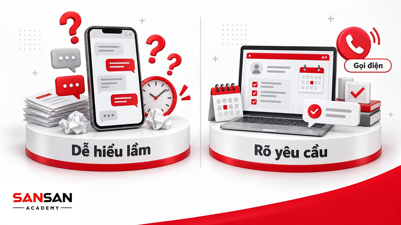 Giao tiếp trong xã hội số: tin nhắn cụt dễ hiểu lầm so với tin nhắn nêu rõ yêu cầu, thời hạn và cuộc gọi xác nhận.