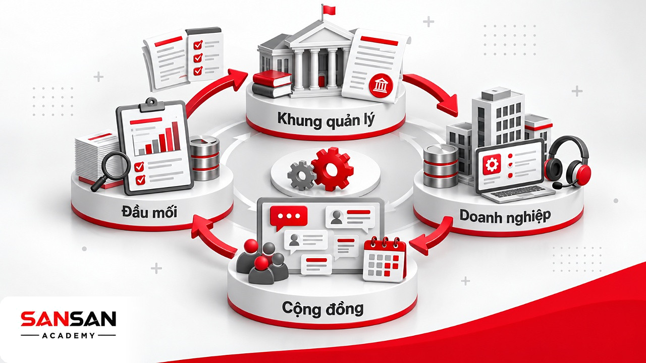Vòng phối hợp xây dựng xã hội số giữa cơ quan quản lý, doanh nghiệp, cộng đồng và đầu mối tổng hợp phản hồi.