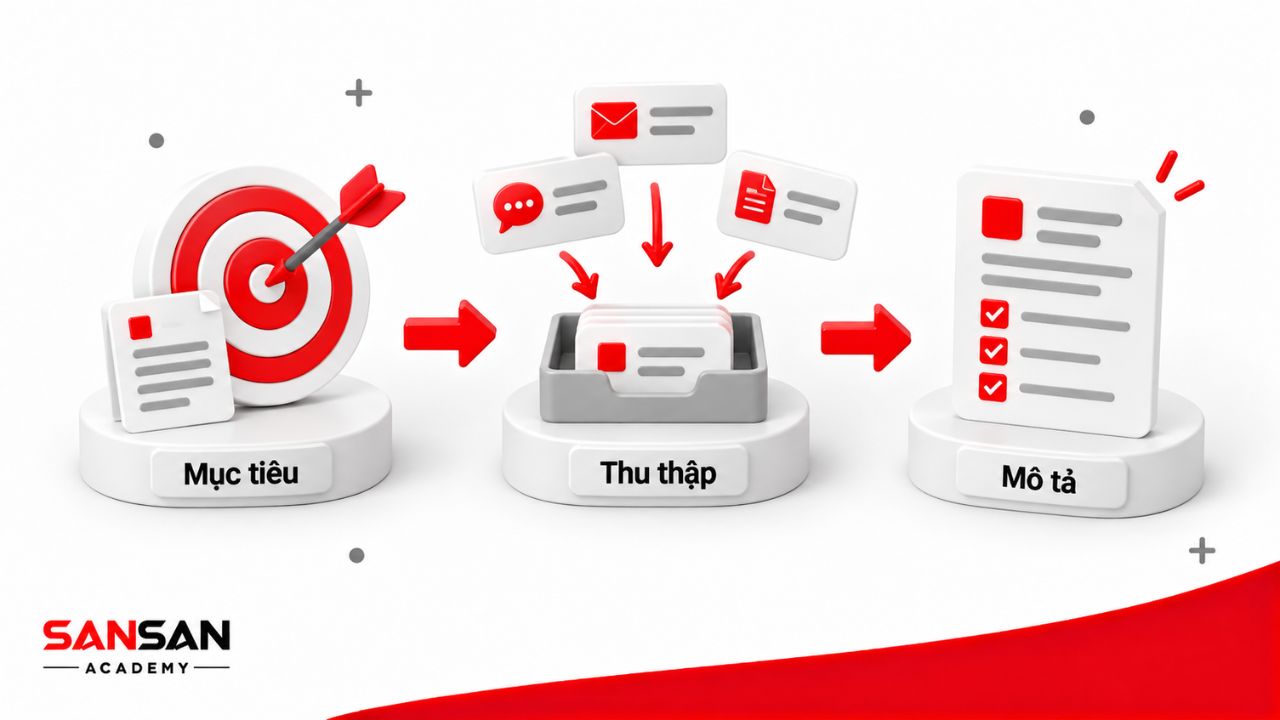 Ba bước xác định mục tiêu, thu thập và mô tả yêu cầu.