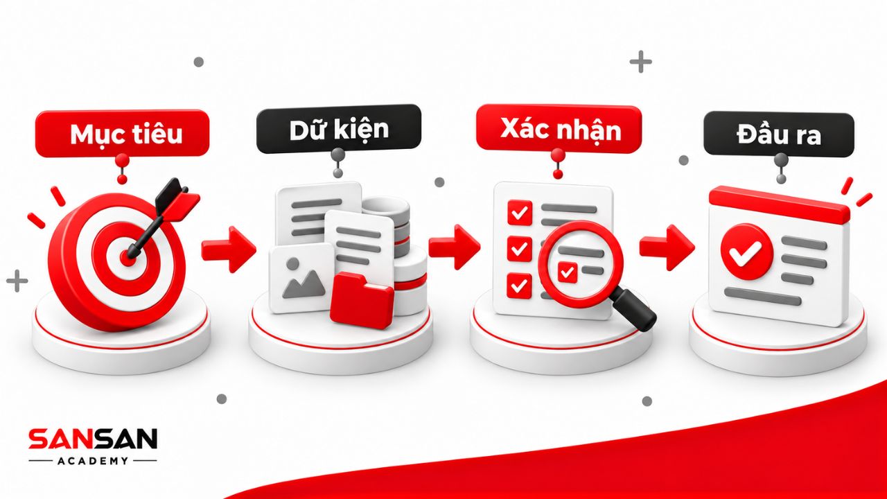 Bốn bước xác định mục tiêu, dữ kiện, xác nhận và đầu ra
