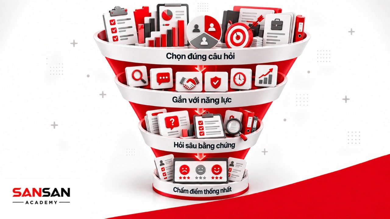Cách xây dựng bảng câu hỏi phỏng vấn sales từ nhiệm vụ thực tế, năng lực cần tuyển, câu hỏi bổ sung và phiếu chấm điểm thống nhất.