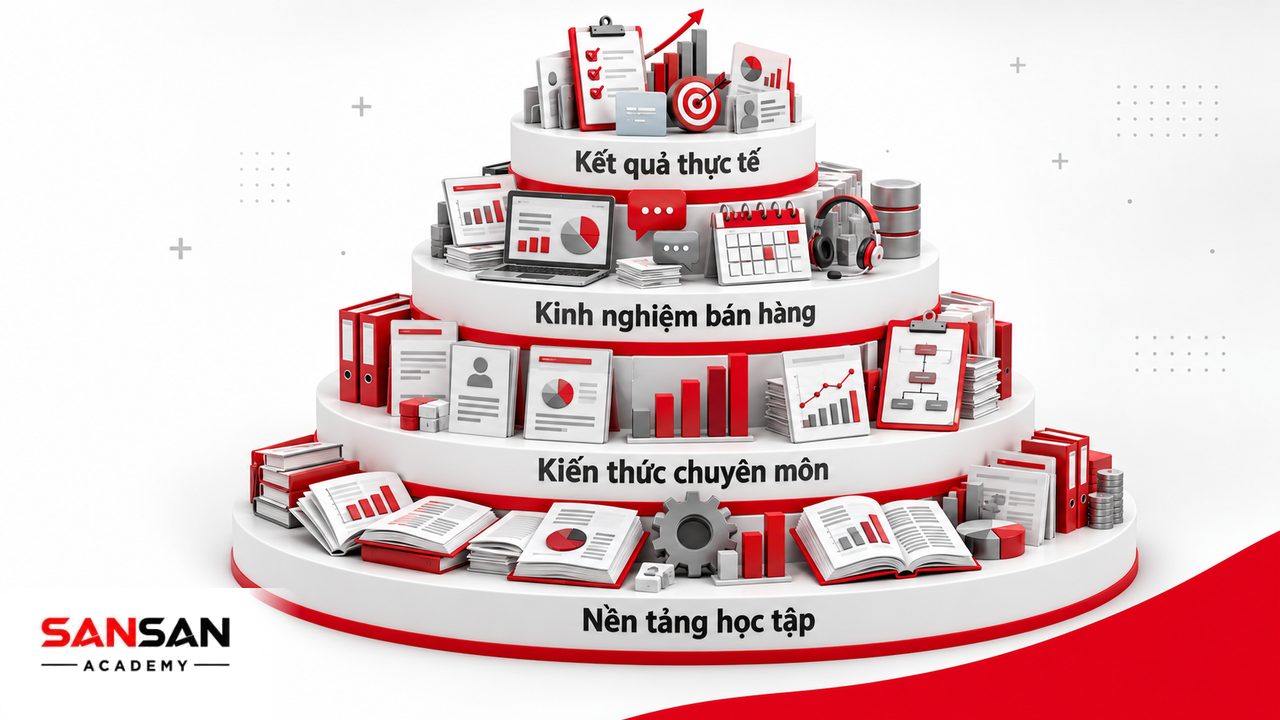 Yêu cầu chuyên viên kinh doanh gồm nền tảng học tập, hiểu sản phẩm thị trường, kiến thức bán hàng và kinh nghiệm làm việc với khách hàng.