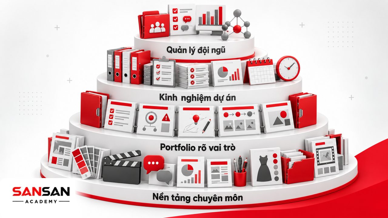 Yêu cầu trở thành Creative Director gồm nền tảng chuyên môn, portfolio có chiều sâu, kinh nghiệm dự án và khả năng quản lý đội ngũ.