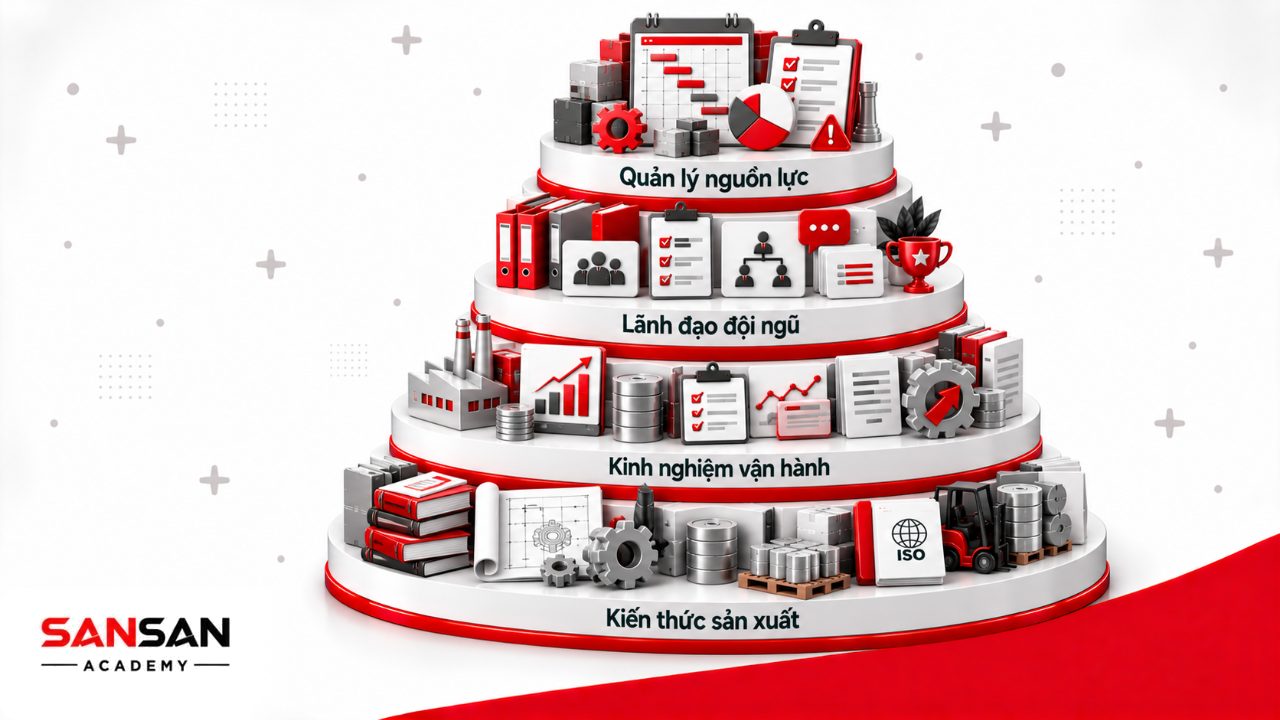 Yêu cầu Giám đốc sản xuất gồm kiến thức sản xuất, kinh nghiệm quản lý vận hành, lãnh đạo đội ngũ và lập kế hoạch nguồn lực.