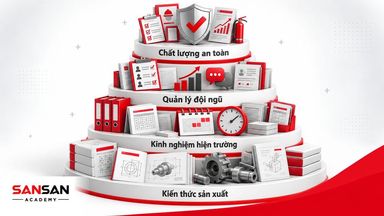 Yêu cầu trở thành quản đốc gồm kiến thức sản xuất, kinh nghiệm phân xưởng, quản lý đội nhóm, chất lượng và an toàn lao động.
