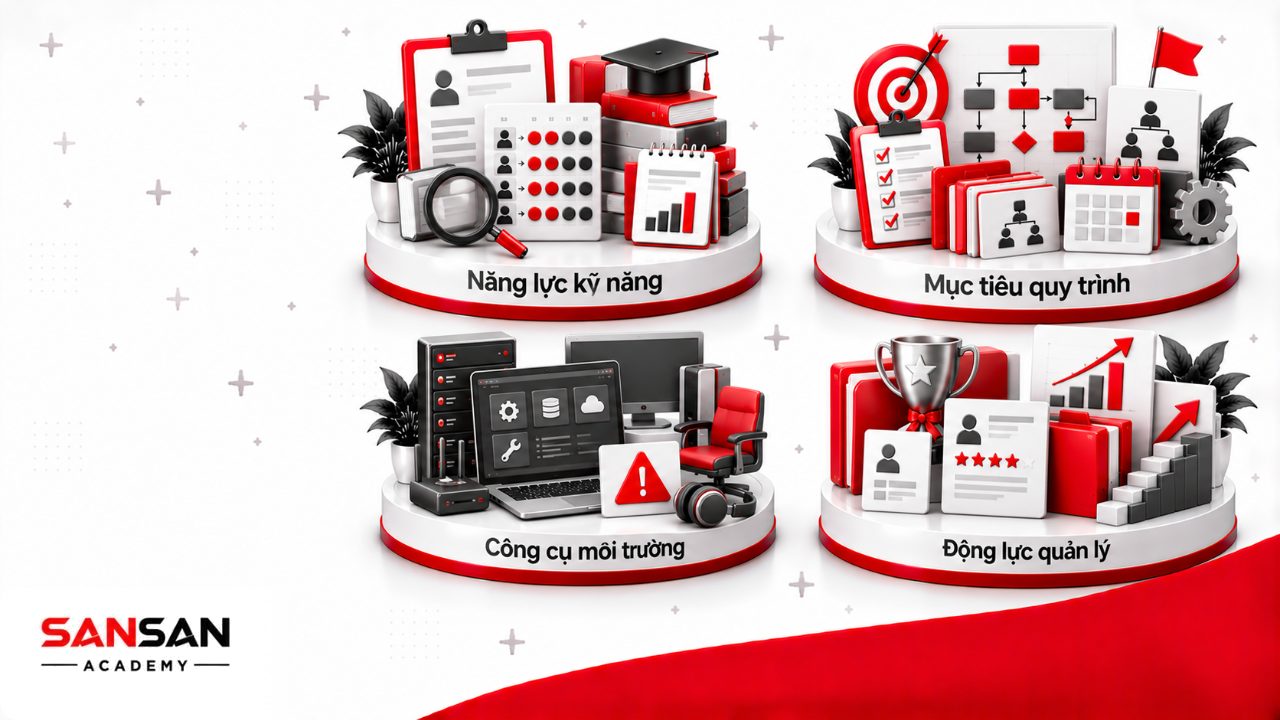 Các yếu tố ảnh hưởng đến hiệu suất làm việc gồm năng lực, mục tiêu quy trình, môi trường công cụ, động lực, ghi nhận và quản lý.