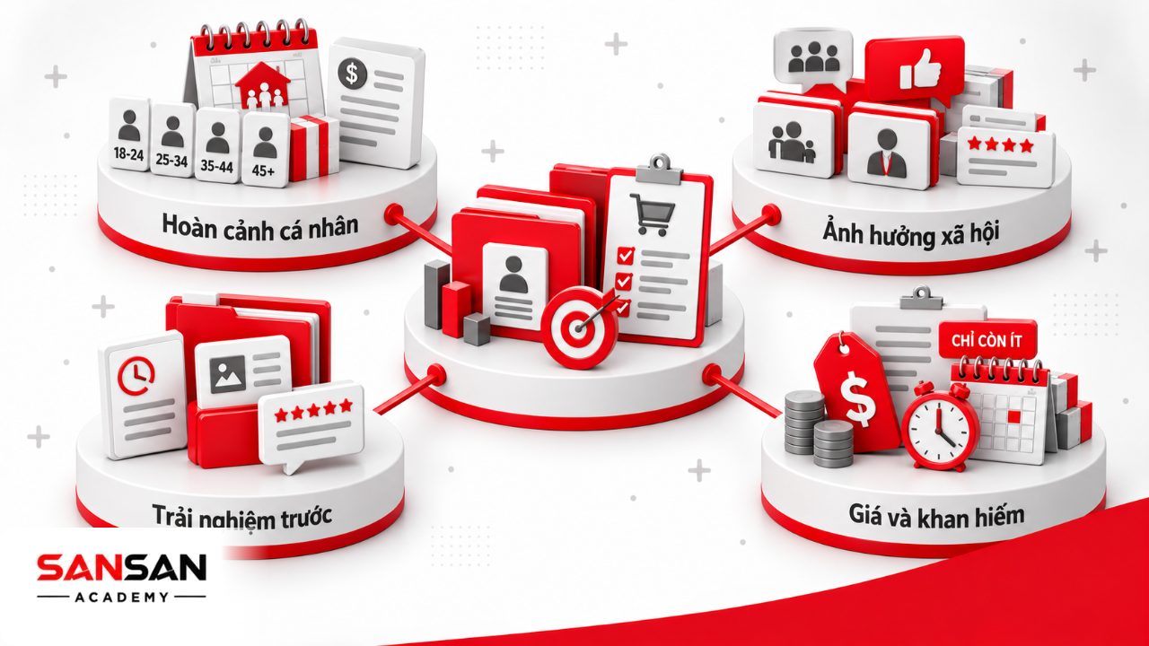 Những yếu tố ảnh hưởng đến tâm lý khách hàng gồm giai đoạn cuộc sống, ngân sách, xã hội, trải nghiệm, bằng chứng xã hội, neo giá và khan hiếm.