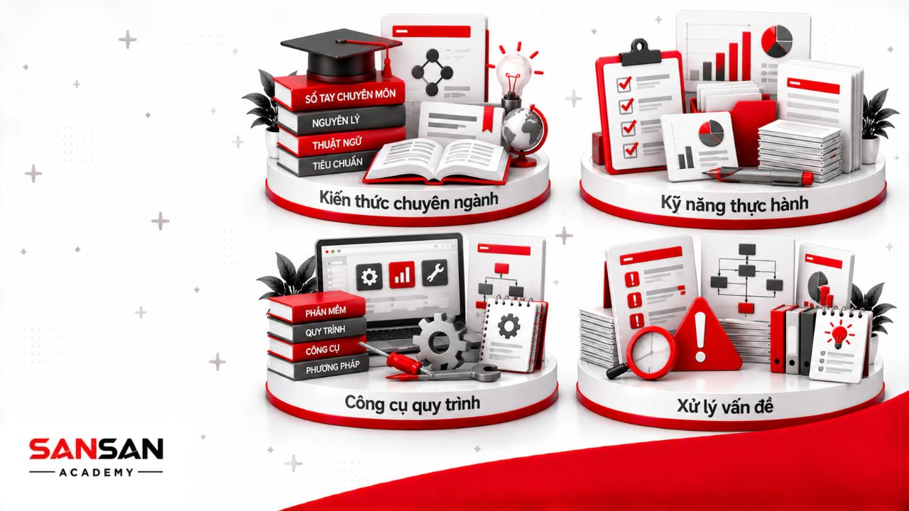 Các yếu tố cấu thành kỹ năng chuyên môn gồm kiến thức chuyên ngành, thực hành, sử dụng công cụ quy trình và xử lý vấn đề.