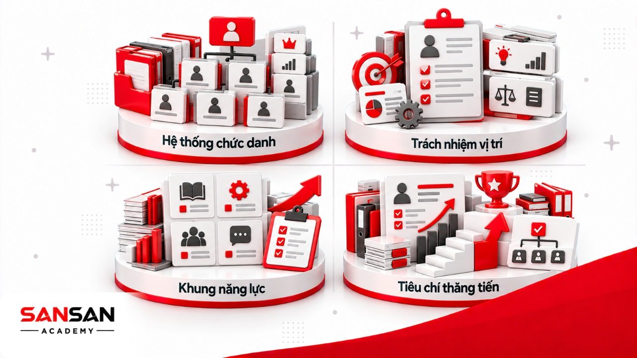 Các yếu tố của lộ trình thăng tiến gồm chức danh cấp bậc, trách nhiệm vị trí, khung năng lực và tiêu chí điều kiện thăng tiến.