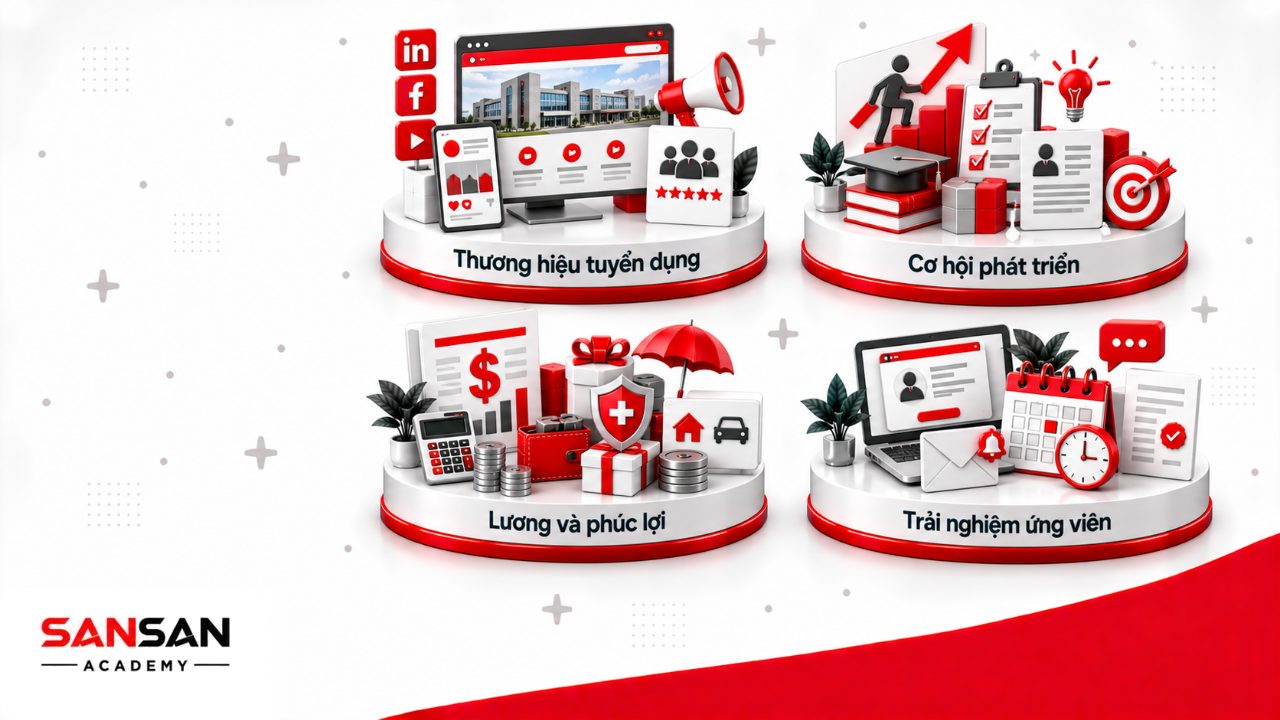 Các yếu tố thu hút nhân tài gồm thương hiệu nhà tuyển dụng, môi trường phát triển, lương thưởng phúc lợi và trải nghiệm ứng viên.